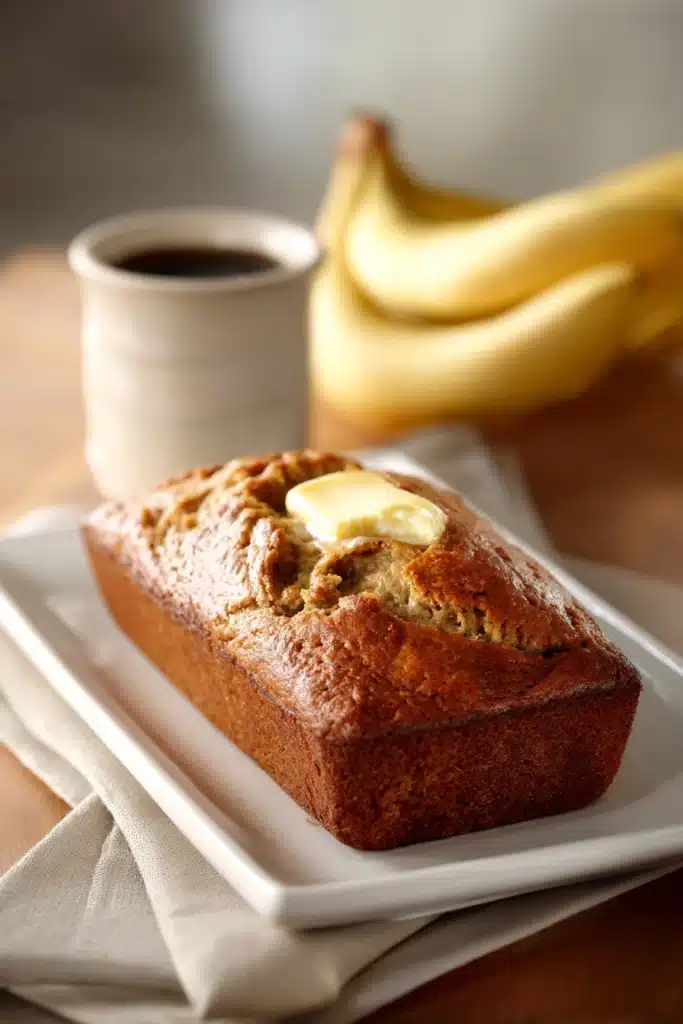 Close-up of coffee cake banana bread with crumbly topping and warm lighting