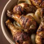 Close-up of Colombian marinated chicken drumsticks with a golden glaze on a clean white plate.