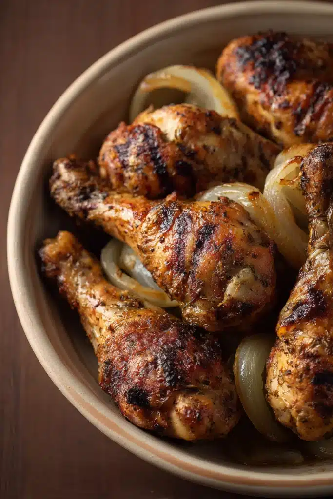 Close-up of Colombian marinated chicken drumsticks with a golden glaze on a clean white plate.