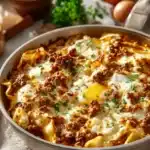Close-up of a cottage cheese lasagna skillet with melted cheese and herbs