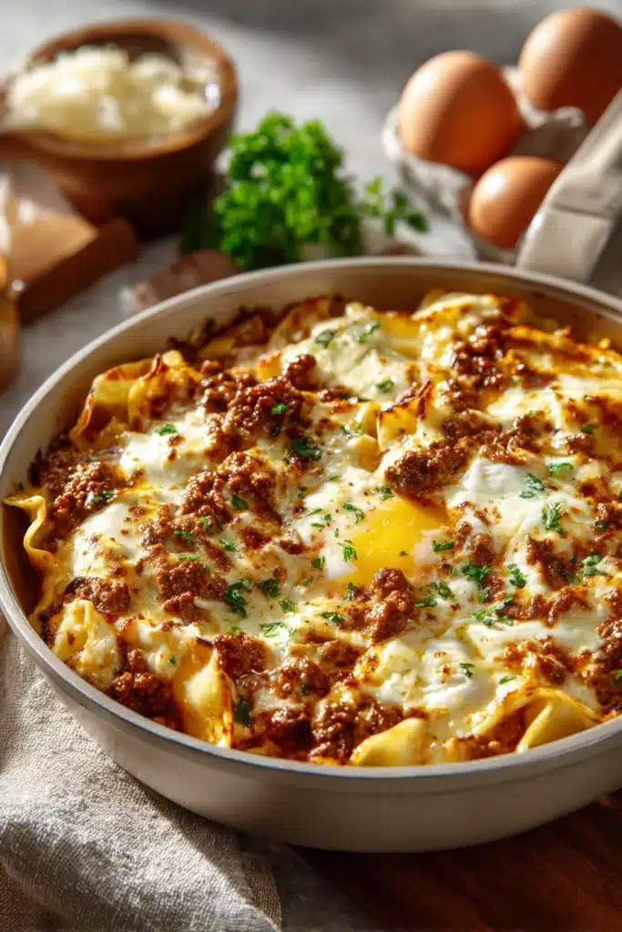 Close-up of a cottage cheese lasagna skillet with melted cheese and herbs