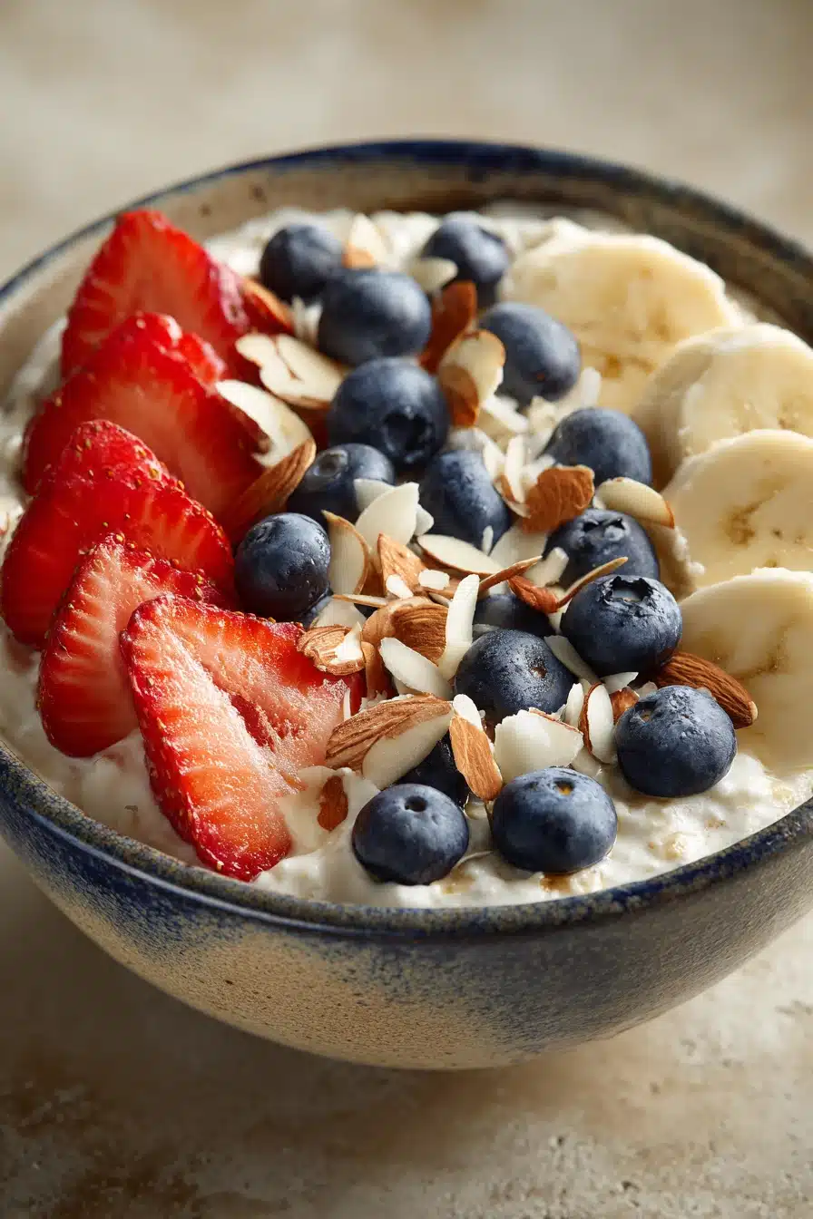 Close-up of a colorful Cottage Cheese Protein Power Bowl with fresh vegetables and herbs.