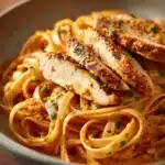 Close-up of Cowboy Butter Chicken Linguine with creamy sauce and herbs on a plate.