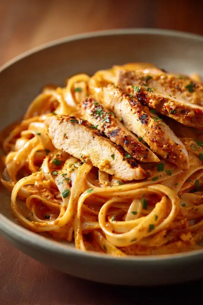 Close-up of Cowboy Butter Chicken Linguine with creamy sauce and herbs on a plate.