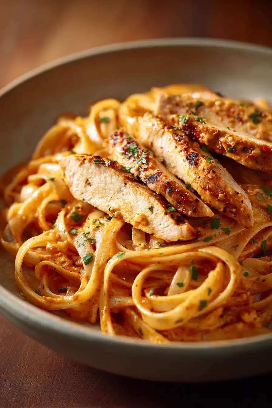 Close-up of Cowboy Butter Chicken Linguine with creamy sauce and herbs on a plate.