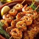 Close-up of Cowboy Butter Shrimp Skewers with a buttery sauce on a clean background.
