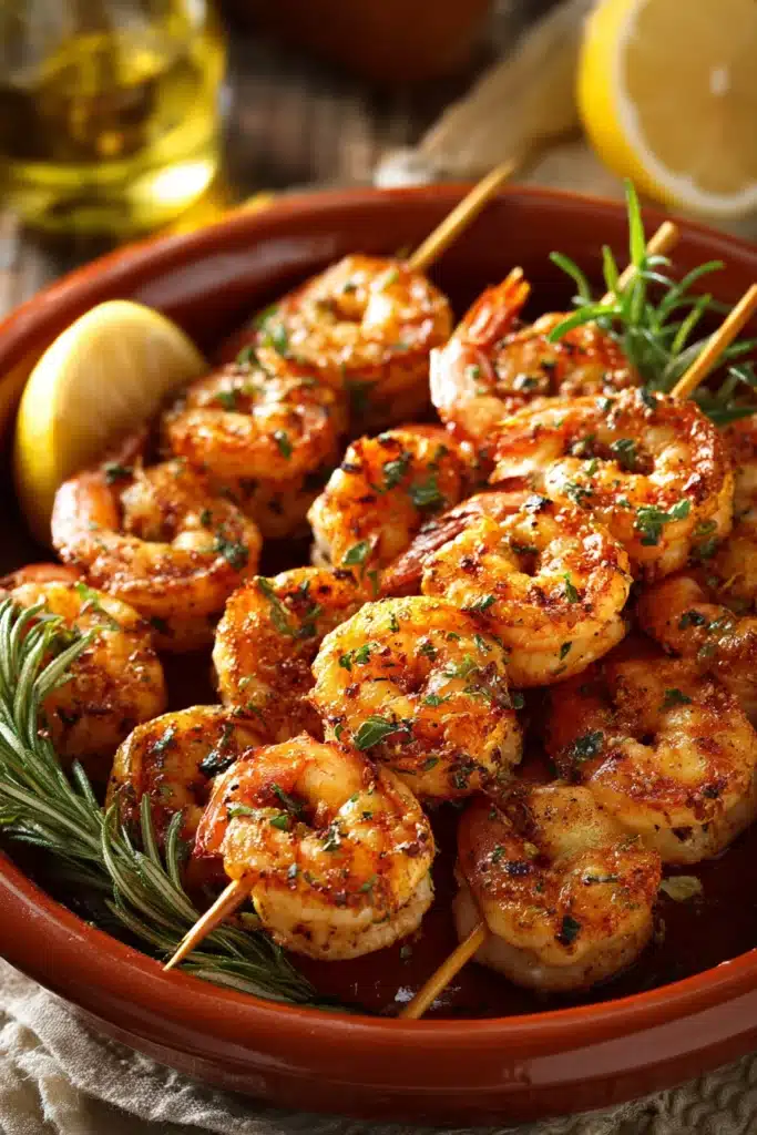 Close-up of Cowboy Butter Shrimp Skewers with a buttery sauce on a clean background.