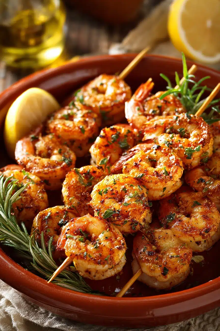 Close-up of Cowboy Butter Shrimp Skewers with a buttery sauce on a clean background.