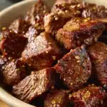 Close-up of Cowboy Butter Steak Bites with a rich buttery sauce and herbs