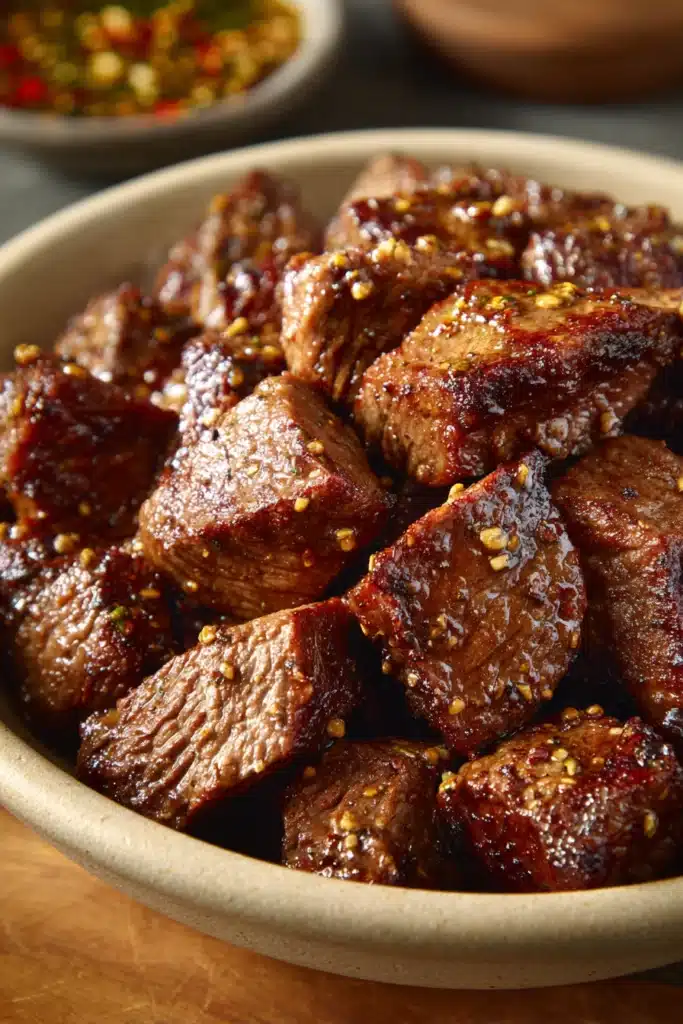 Close-up of Cowboy Butter Steak Bites with a rich buttery sauce and herbs