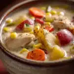 Close-up of creamy chicken and corn chowder with visible chunks of chicken and corn in a white bowl.