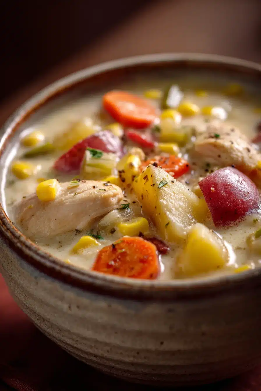 Close-up of creamy chicken and corn chowder with visible chunks of chicken and corn in a white bowl.