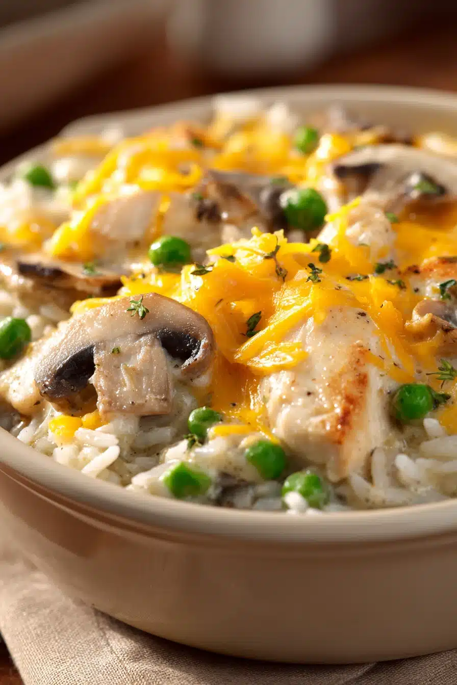 Close-up of a creamy chicken casserole with golden crust and herbs