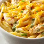 Close-up of creamy chicken enchilada pasta with a rich sauce and tender chicken pieces.
