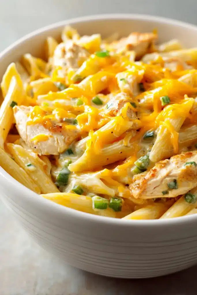 Close-up of creamy chicken enchilada pasta with a rich sauce and tender chicken pieces.