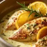 Close-up of creamy citrus chicken garnished with rosemary on a white plate.
