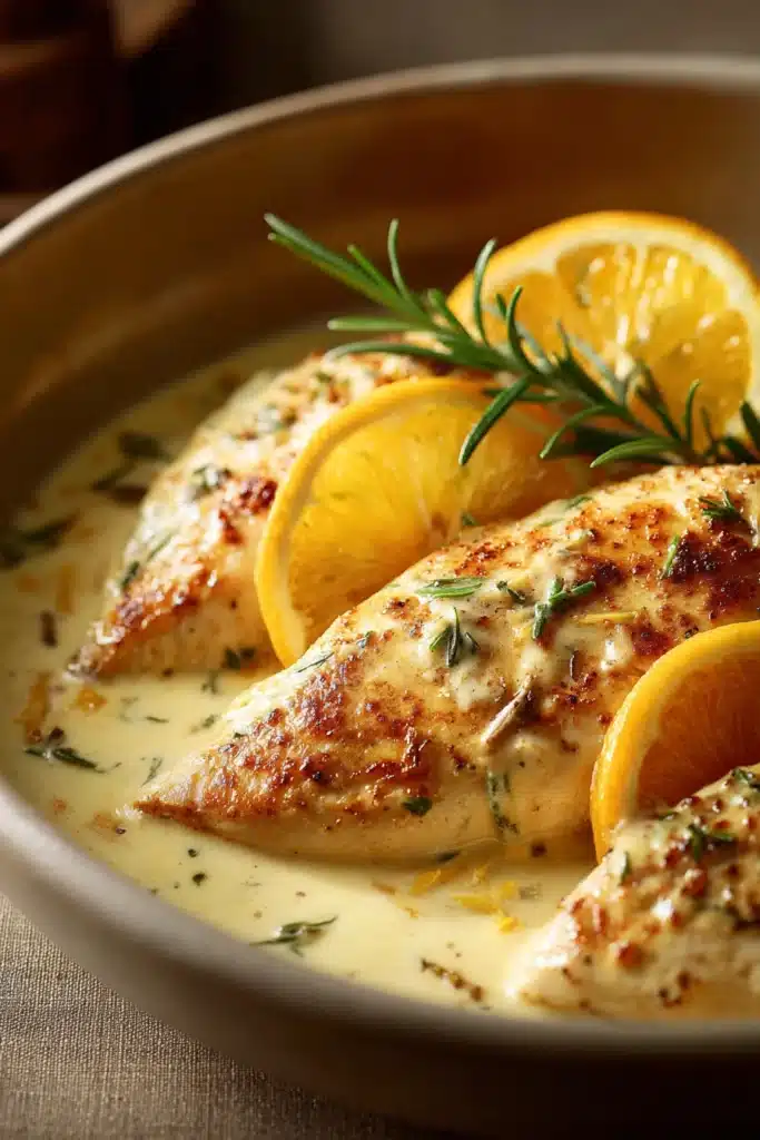 Close-up of creamy citrus chicken garnished with rosemary on a white plate.