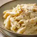 Close-up of creamy cottage cheese pasta with a rich sauce and cheese topping.