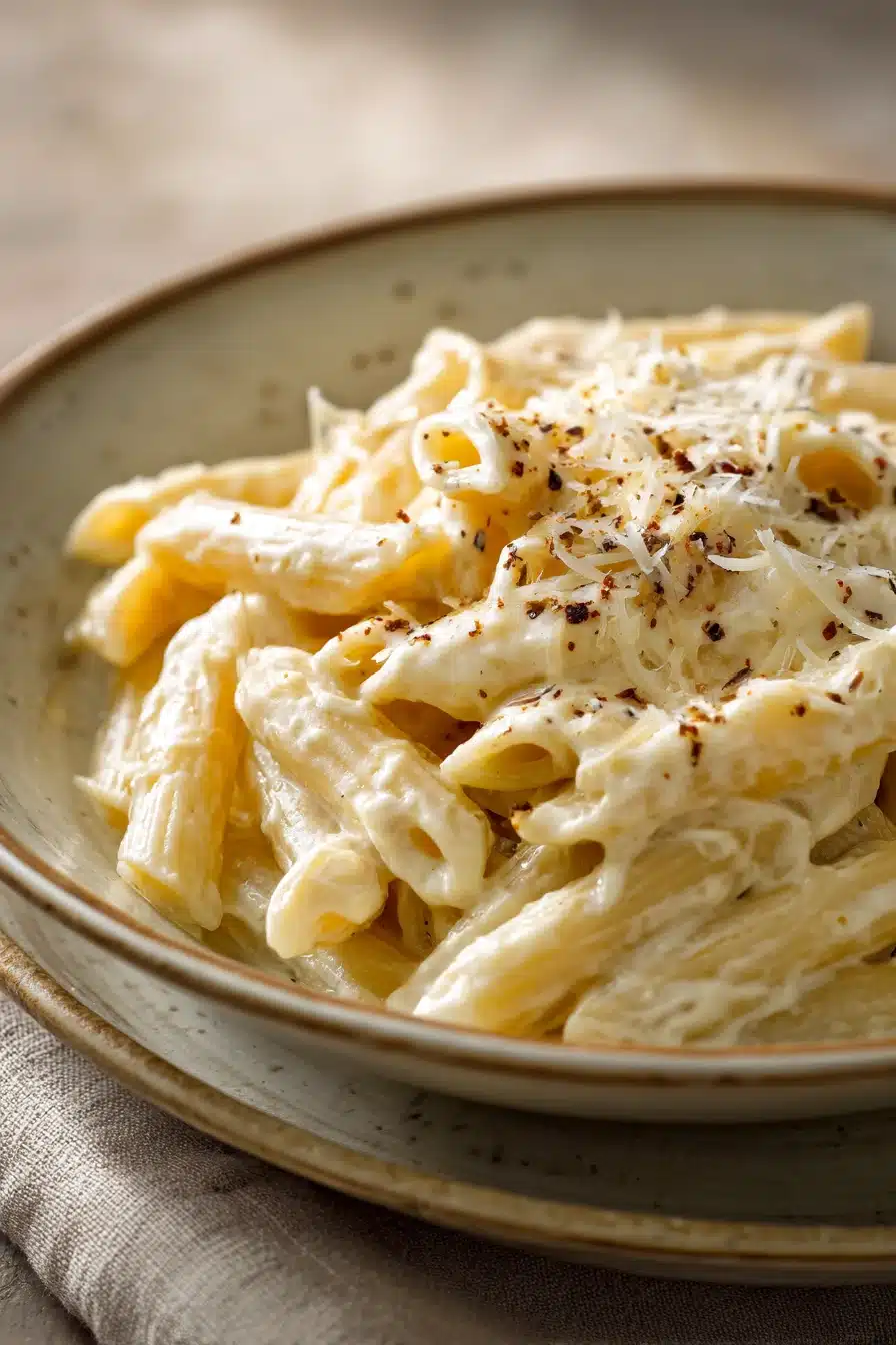 Close-up of creamy cottage cheese pasta with a rich sauce and cheese topping.