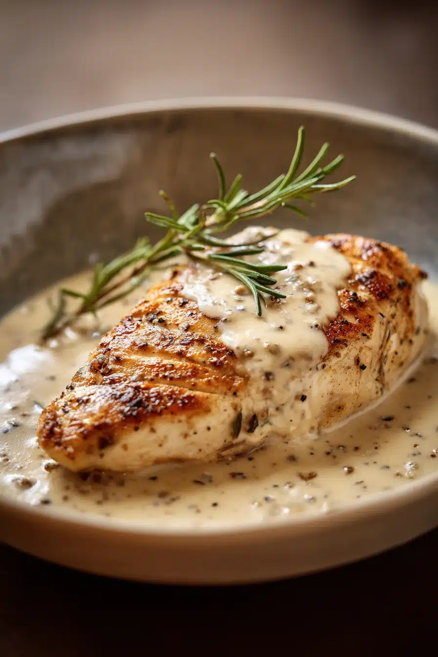 Close-up of creamy garlic chicken breast with a golden sauce and herbs.