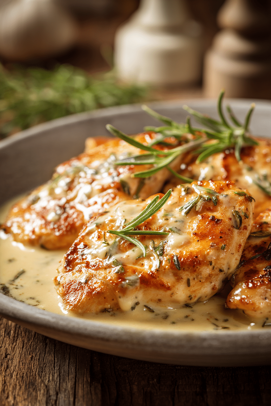 Close-up of creamy garlic parmesan chicken on a rustic wooden surface with warm natural lighting highlighting the rich sauce and tender texture.