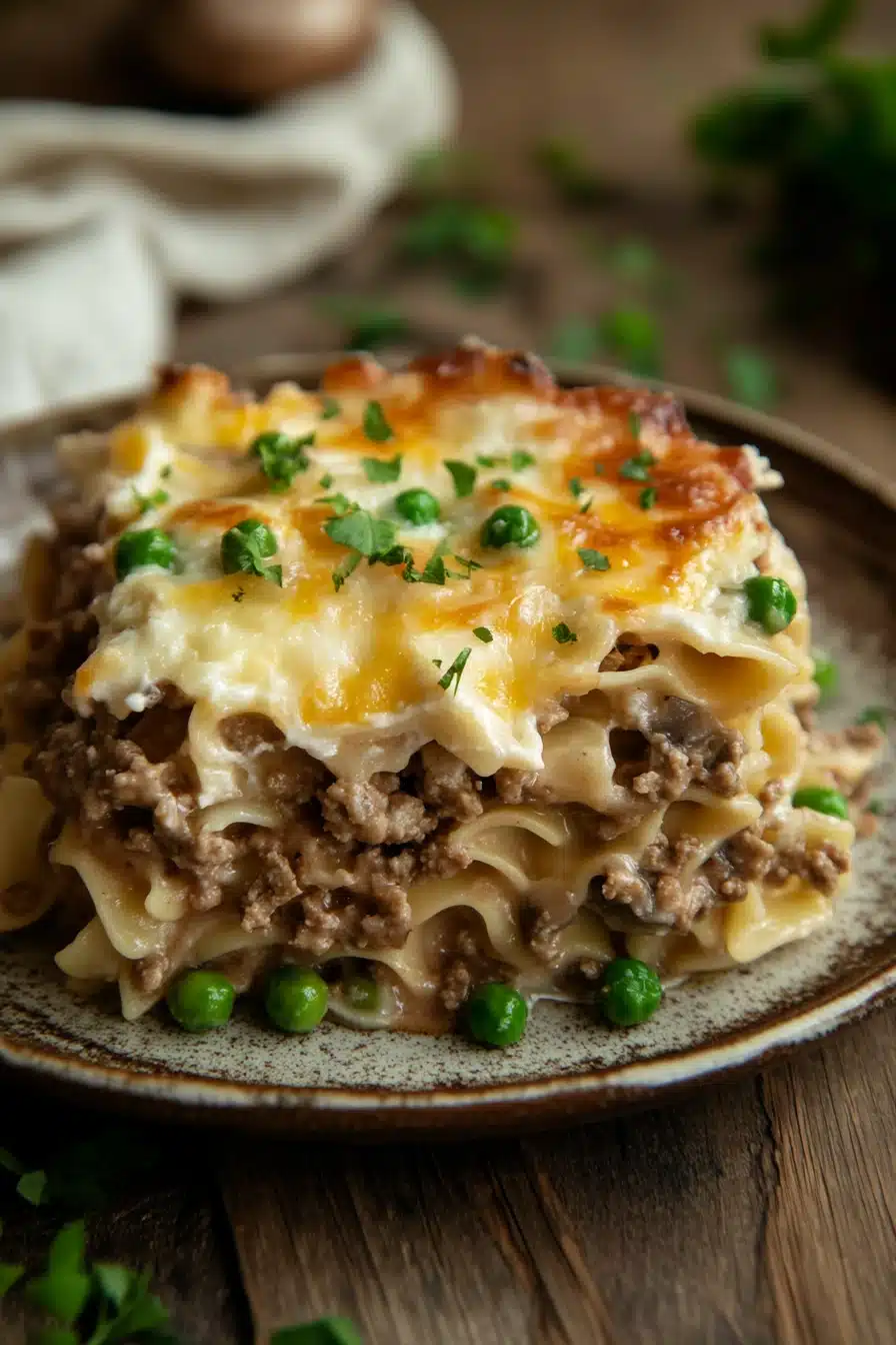 Close-up of a creamy ground beef casserole with egg noodles in a warm, inviting setting.