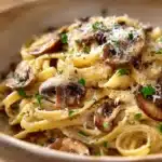 Close-up of creamy mushroom pasta with a sprinkle of herbs on a white plate.