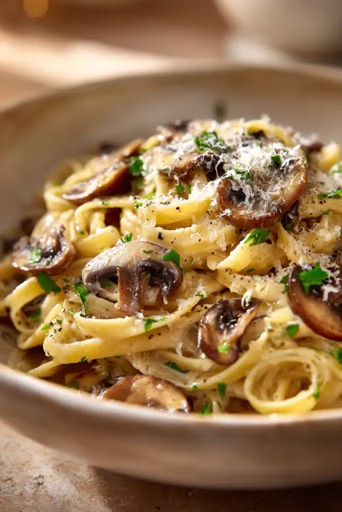 Close-up of creamy mushroom pasta with a sprinkle of herbs on a white plate.