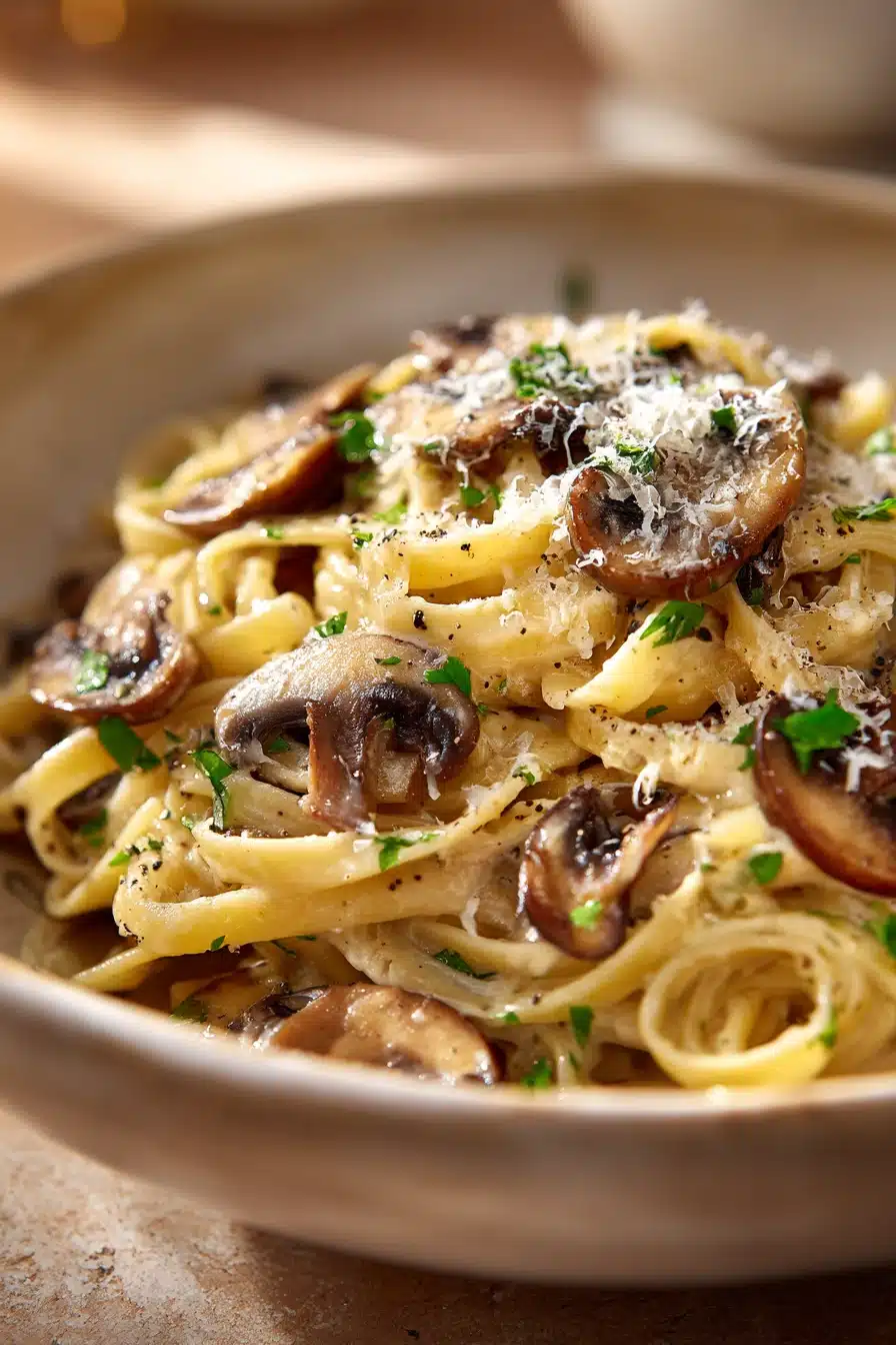 Close-up of creamy mushroom pasta with a sprinkle of herbs on a white plate.