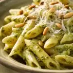 Close-up of creamy pesto pasta with a sprinkle of herbs on top, filling the frame with appetizing detail.