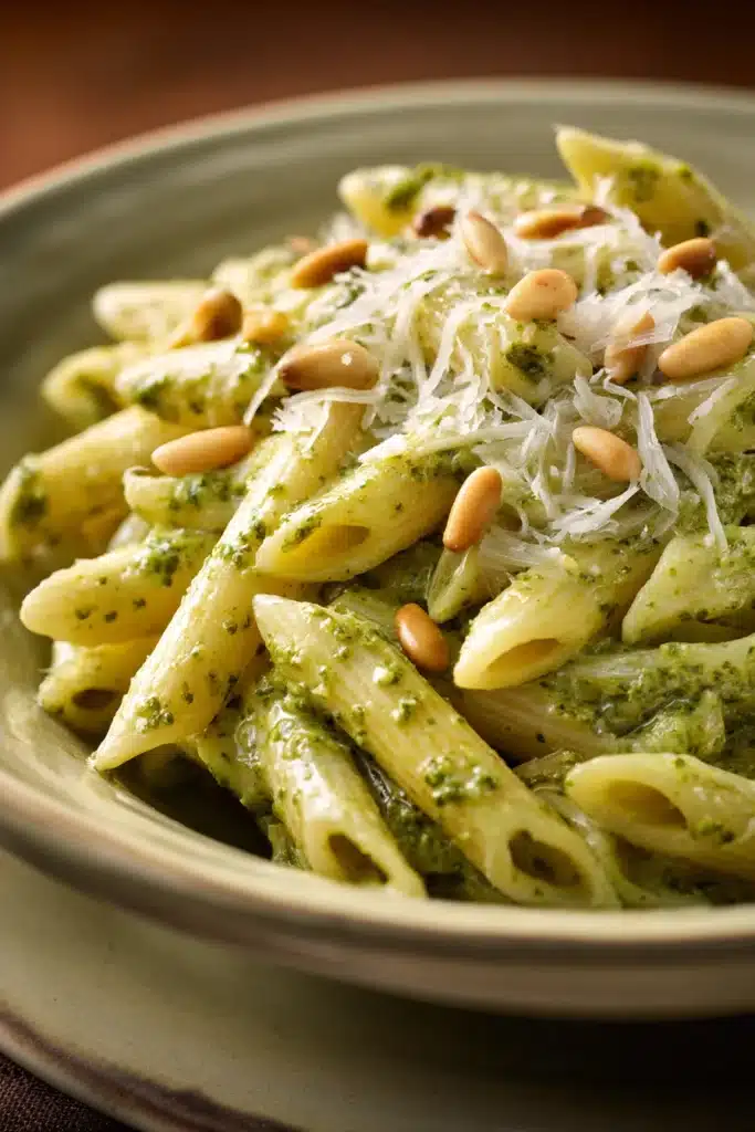 Close-up of creamy pesto pasta with a sprinkle of herbs on top, filling the frame with appetizing detail.