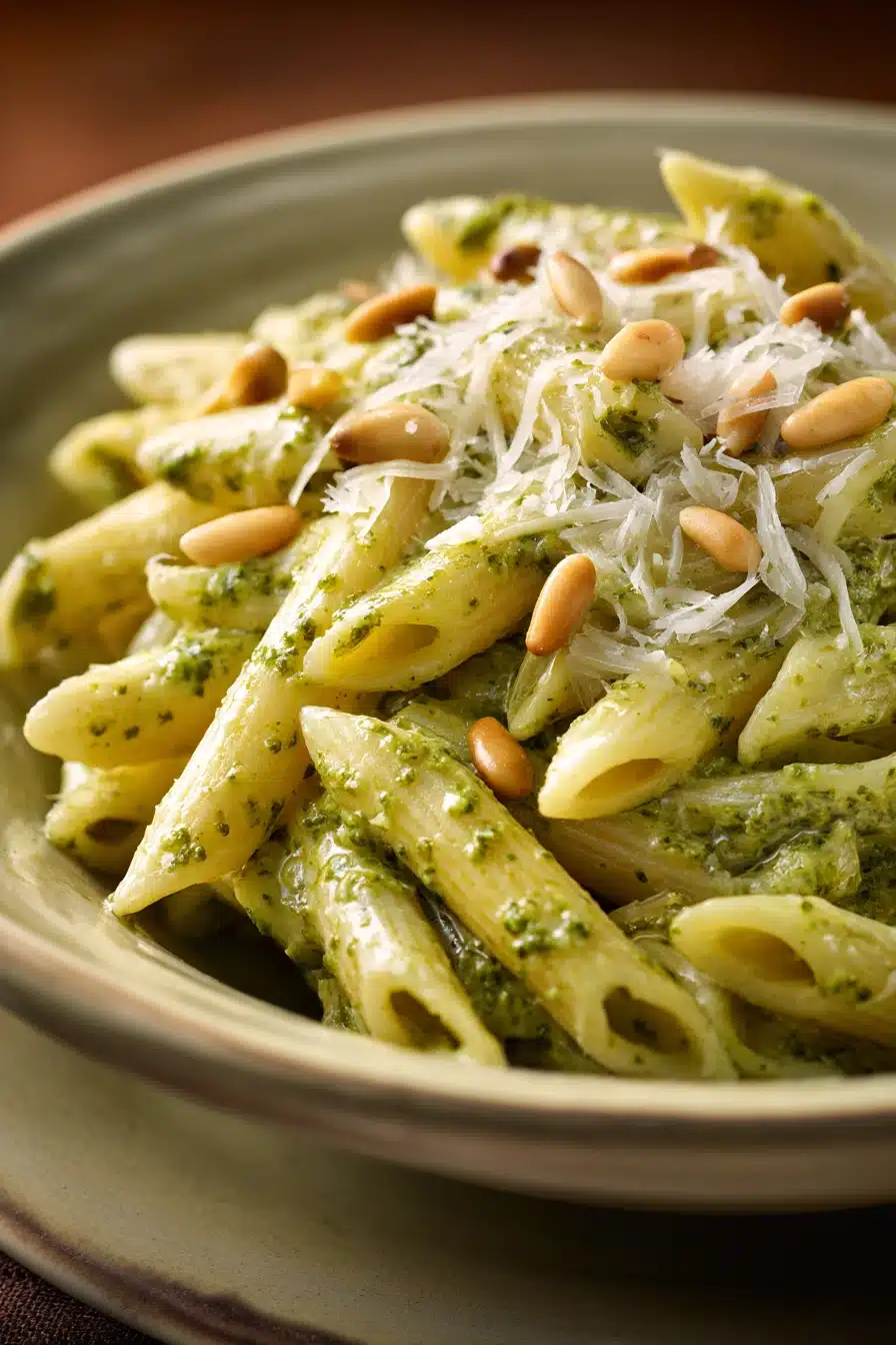 Close-up of creamy pesto pasta with a sprinkle of herbs on top, filling the frame with appetizing detail.