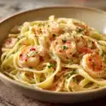 Close-up of creamy shrimp pasta with a light sauce and herbs on a white plate.
