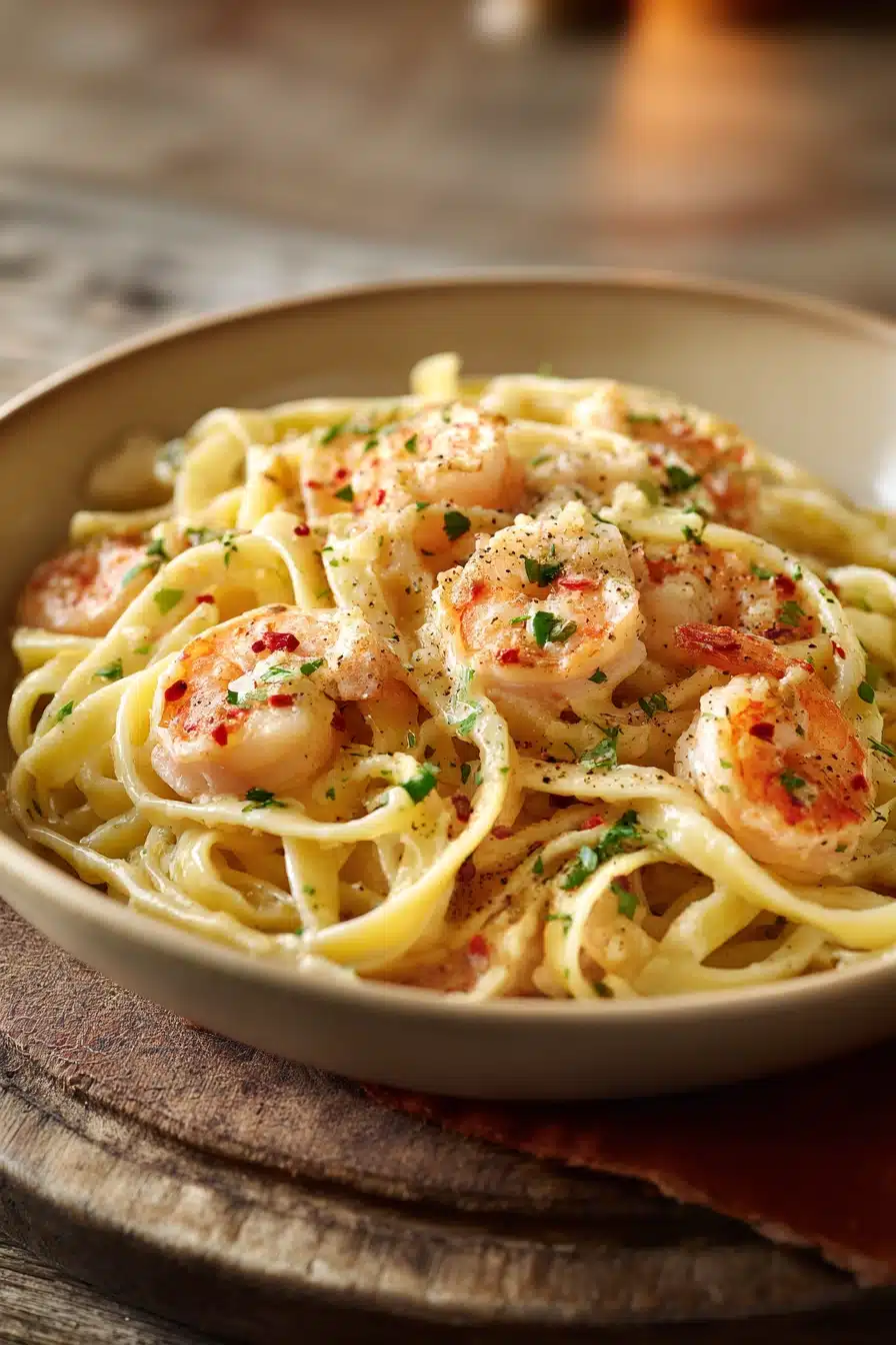 Close-up of creamy shrimp pasta with a light sauce and herbs on a white plate.