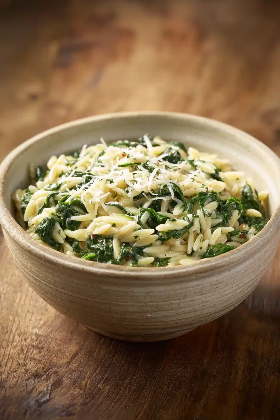 Close-up of creamy spinach orzo with parmesan, bright and appetizing.