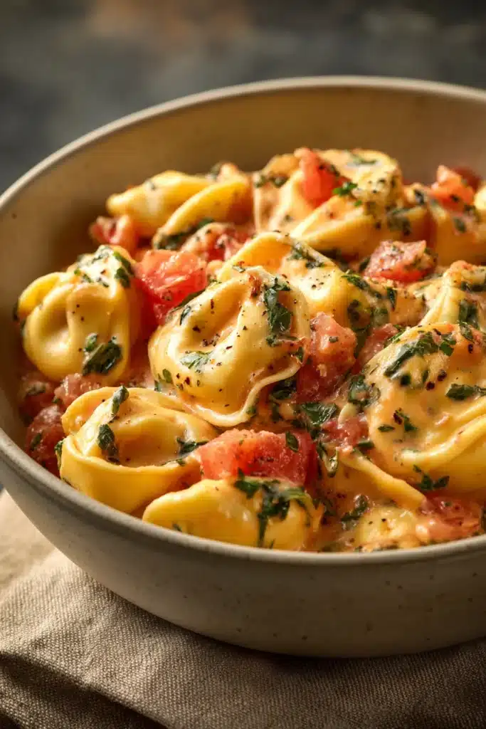 Close-up of creamy tomato basil tortellini with fresh basil leaves and a rich sauce.