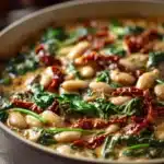 Close-up of a creamy Tuscan bean and sun dried tomato skillet with vibrant colors and textures.