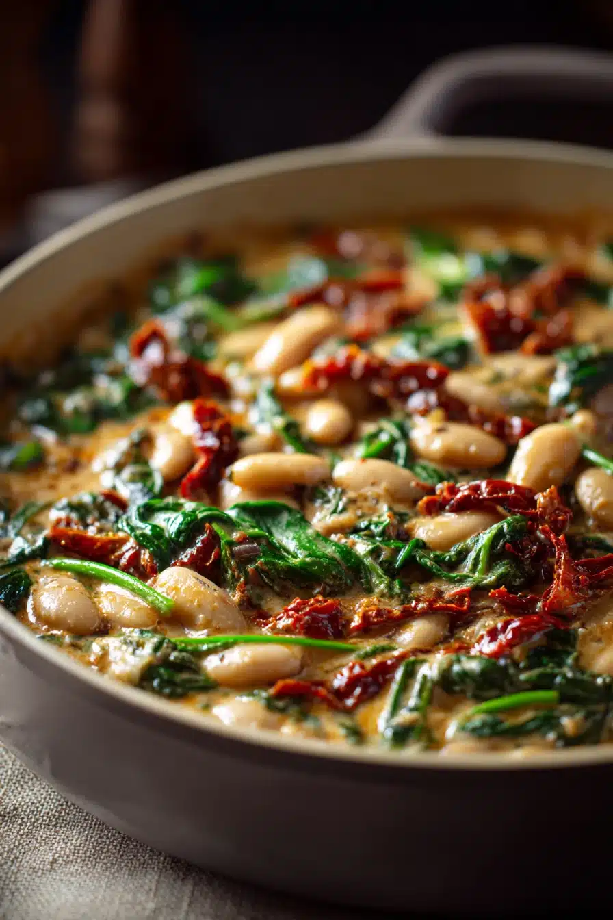 Close-up of a creamy Tuscan bean and sun dried tomato skillet with vibrant colors and textures.