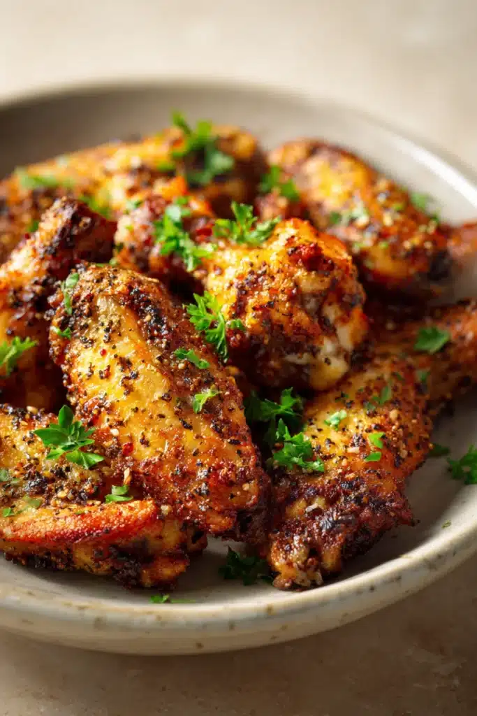 Crispy air fryer chicken wings with Italian seasoning on a white plate