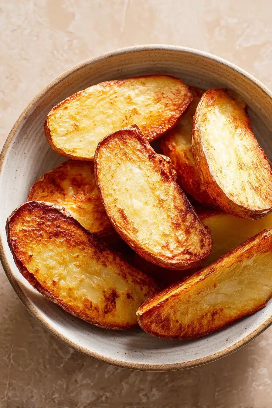 Golden-brown air fryer potato halves with crispy edges on a clean white plate