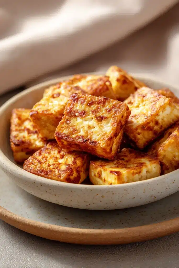 Crispy air fryer tofu pieces on a white plate with a clean background.