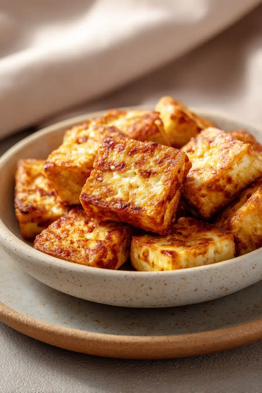 Crispy air fryer tofu pieces on a white plate with a clean background.