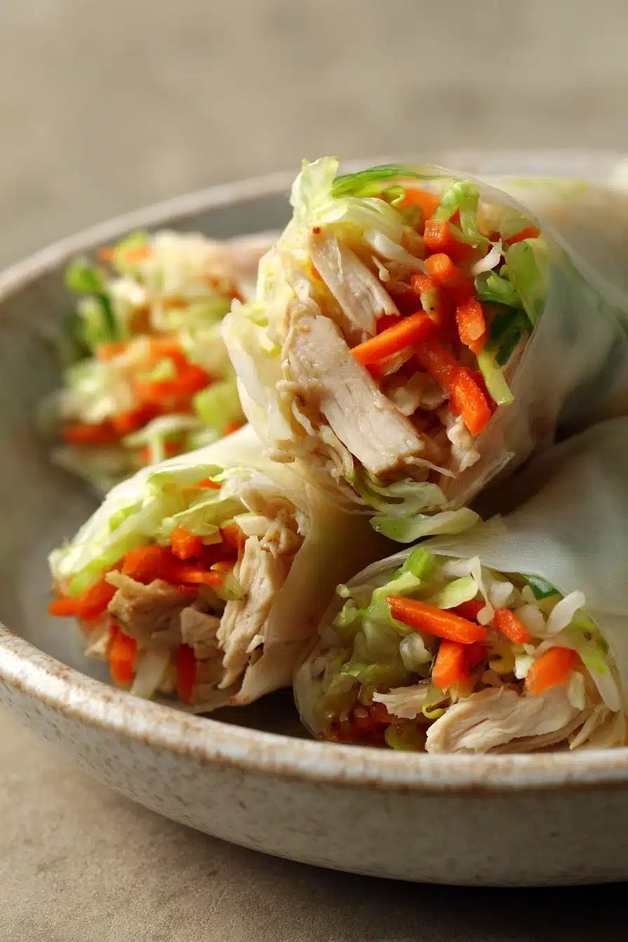 Close-up of crispy chicken spring rolls on a clean white plate with a dipping sauce.