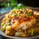 Close-up of crock pot chicken and stuffing with creamy sauce and herbs