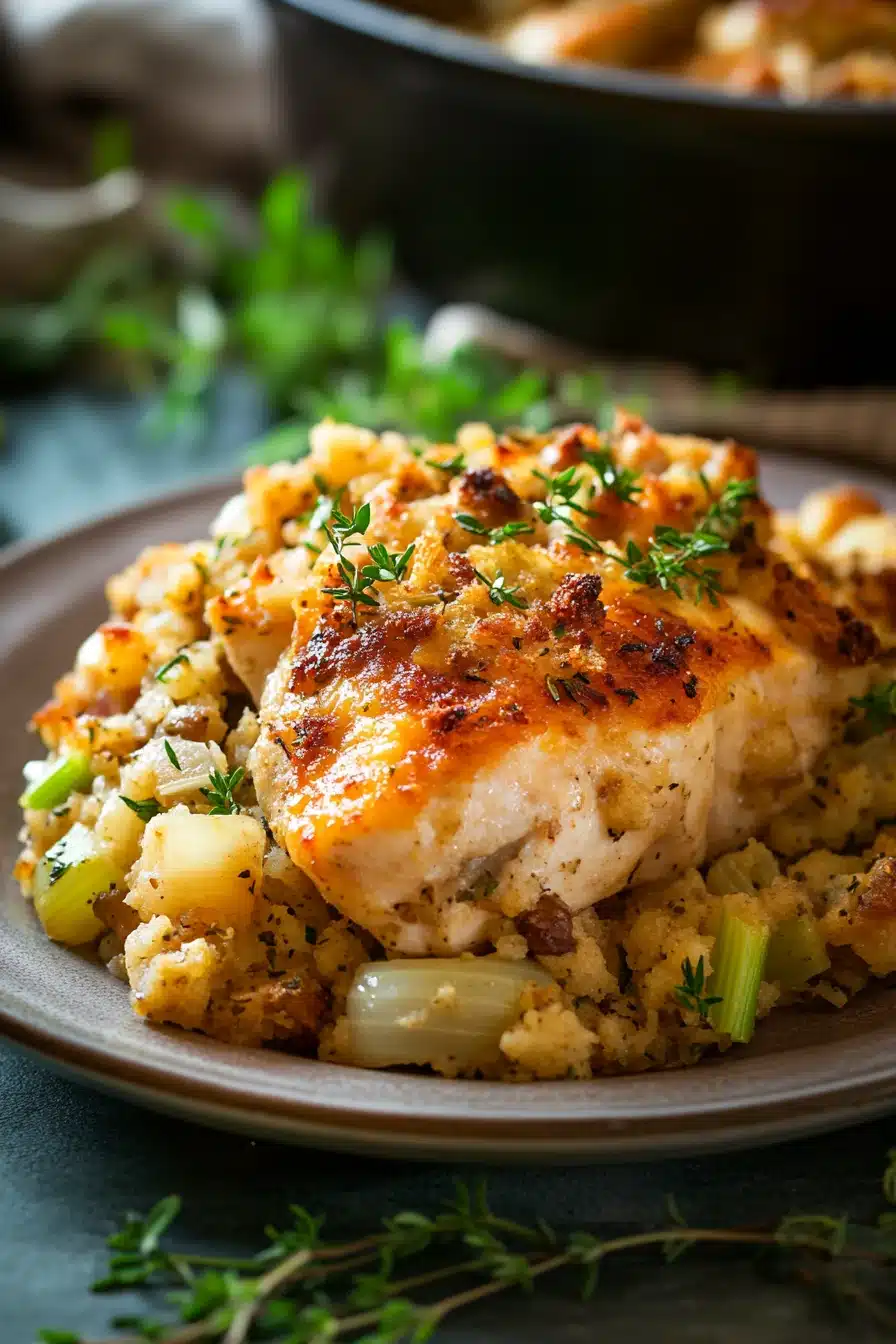 Close-up of crock pot chicken and stuffing with creamy sauce and herbs
