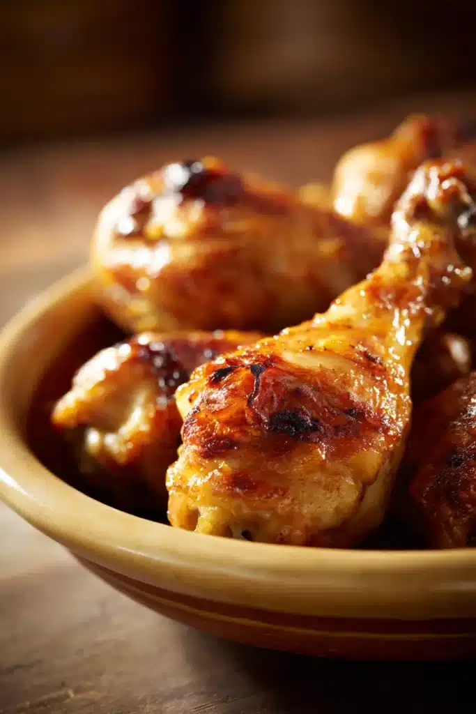 Close-up of crock pot chicken drumsticks with creamy sauce on a clean plate