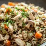 Close-up of creamy crock pot chicken with wild rice in a warm, inviting setting.