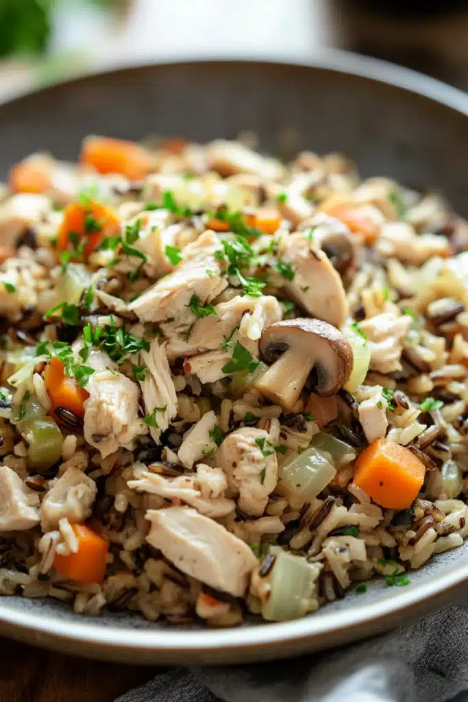 Close-up of creamy crock pot chicken with wild rice in a warm, inviting setting.