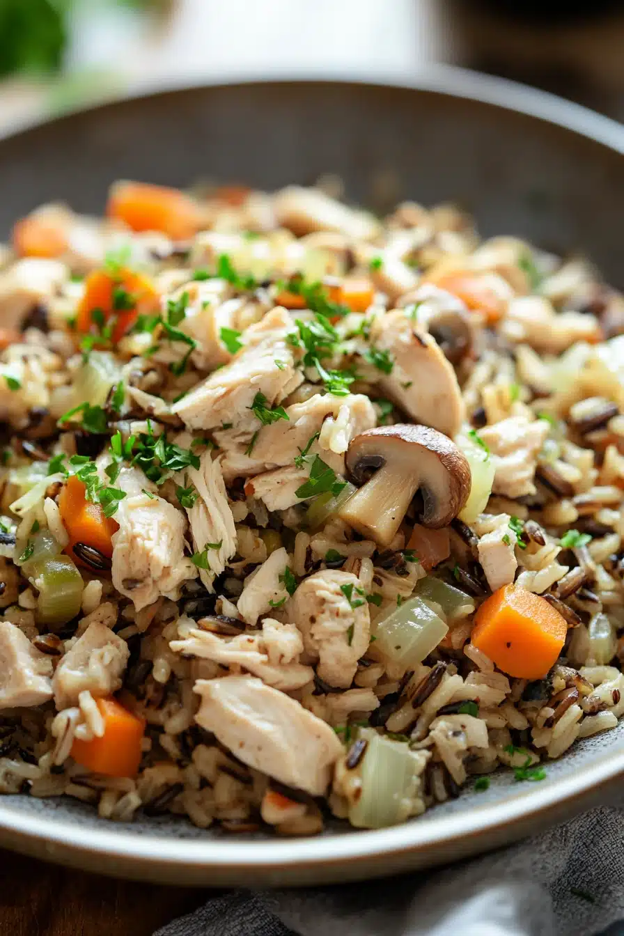 Close-up of creamy crock pot chicken with wild rice in a warm, inviting setting.