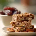 Close-up of Date Almond Oat Bars with a clean background, showcasing texture and ingredients.